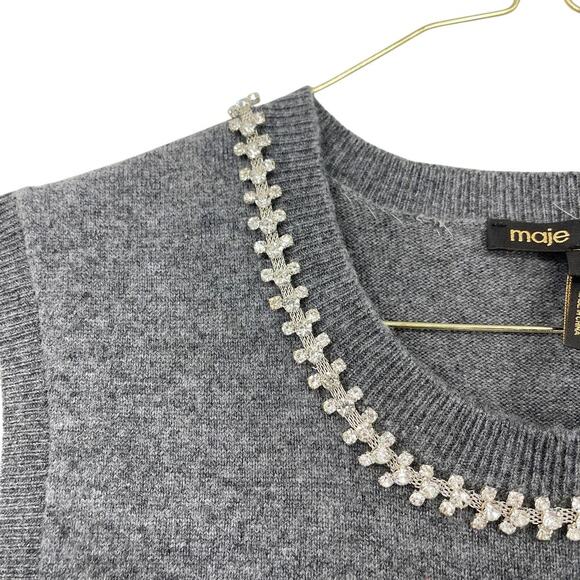 Maje Sleeveless Tank Sweater Vest Wool Cashmere Jeweled Collar Gray Size 2 US M - Picture 5 of 10